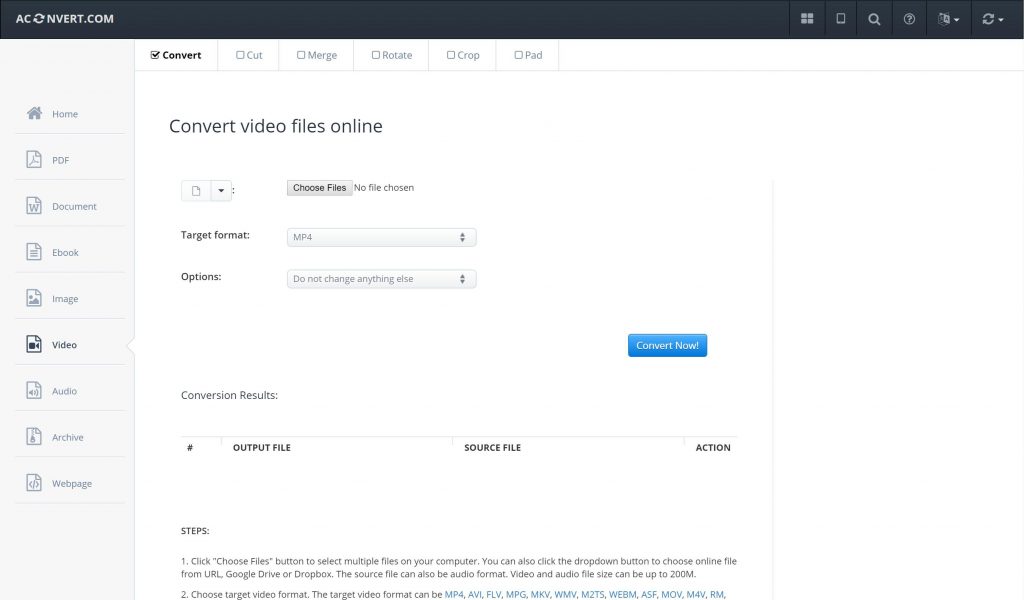 Aconvert.com online video converter screenshot