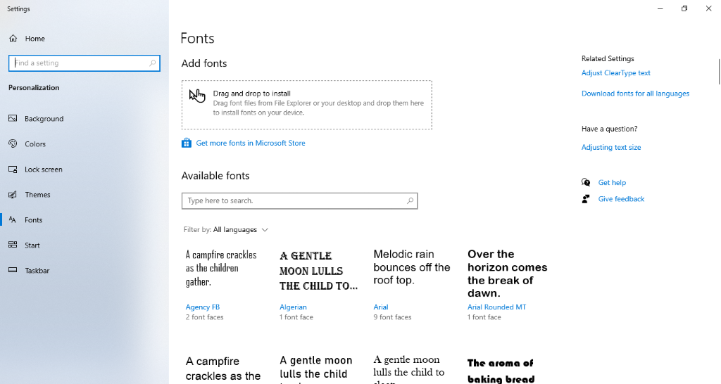 Fonts menu on Windows 10