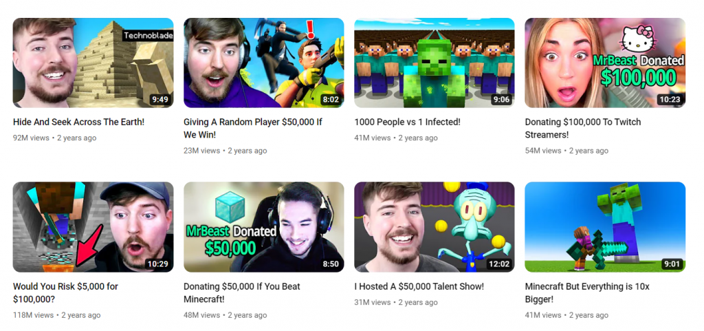 MrBeast's gaming channel on YouTube is a great example of eye-catching thumbnails draw 
